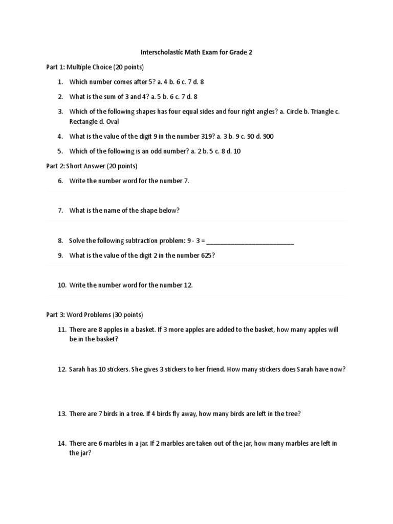 Interscholastic Math Exam For Grade 2 Part 2 | PDF