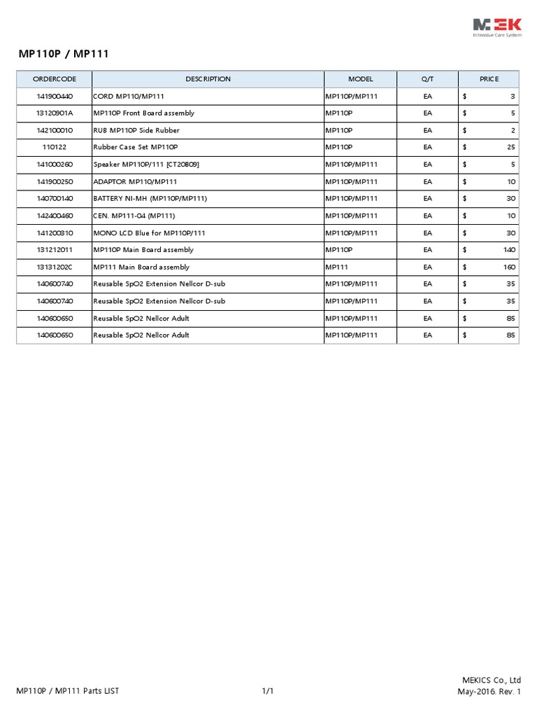 MP110P/MP111 Parts and Pricing List | PDF | Manufactured Goods ...