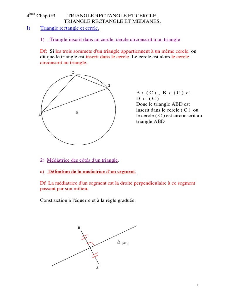 Triangle Rectangle et Cercles: Cours 4ème | PDF | Triangle | Cercle
