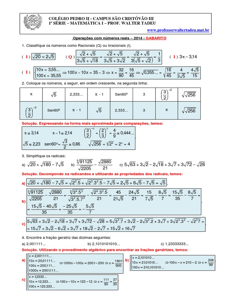 Exercícios Resolvidos - Operações Com Números - Reais - 1 PDF | PDF ...