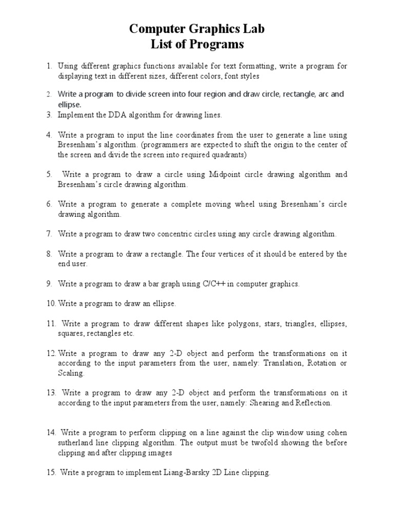 LIST OF PROGRAMS FOR CG Lab PDF 2 D Computer Graphics Ellipse