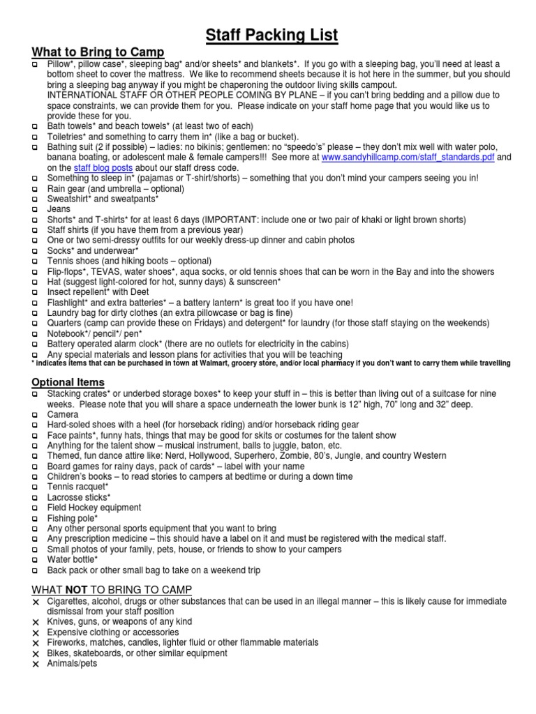 Staff Packing List PDF | PDF | Camping | Clothing