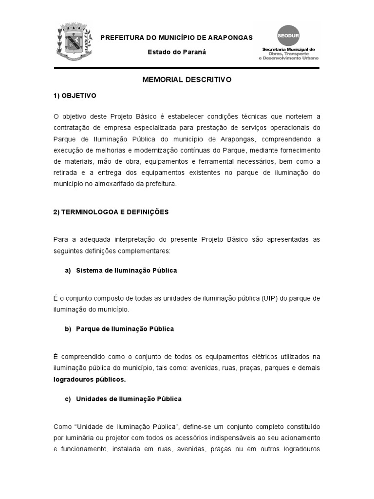 MEMORIAL DESCRITIVO ILUMINAÇÃO PÚBLICA DE ARAPONGAS - LED.odt | PDF