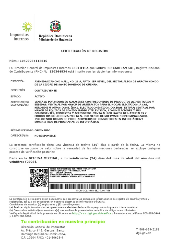 Certificacion de RNC Grupo SD Caricam | PDF | Economias