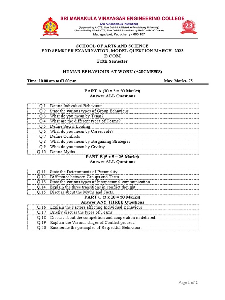 B.Com Human Behaviour Exam Questions | PDF | Human Behavior | Human ...