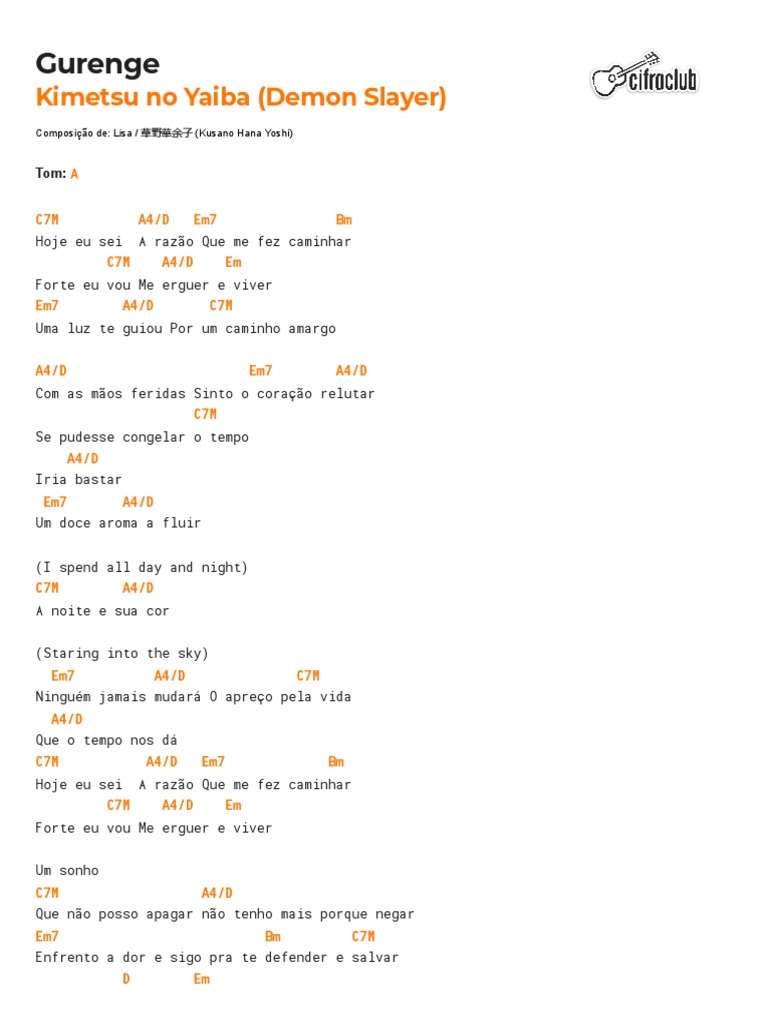 Letra e cifra de Gurenge - Demon Slayer | PDF