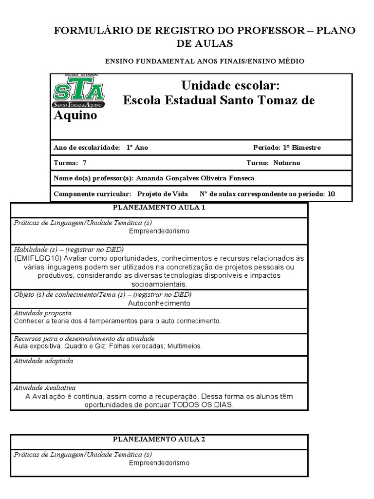 Plano de Aula: Projeto de Vida Ensino Médio | PDF | Empreendedorismo ...