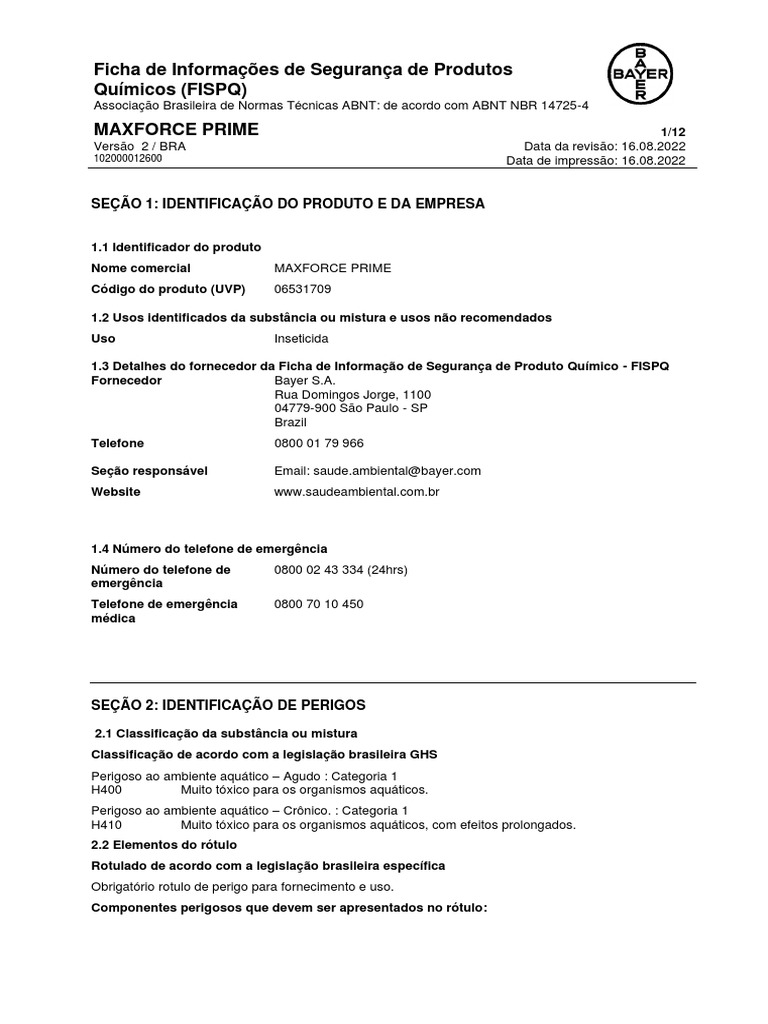 FISPQ MAXFORCE PRIME: Segurança Química | PDF | Bem-estar