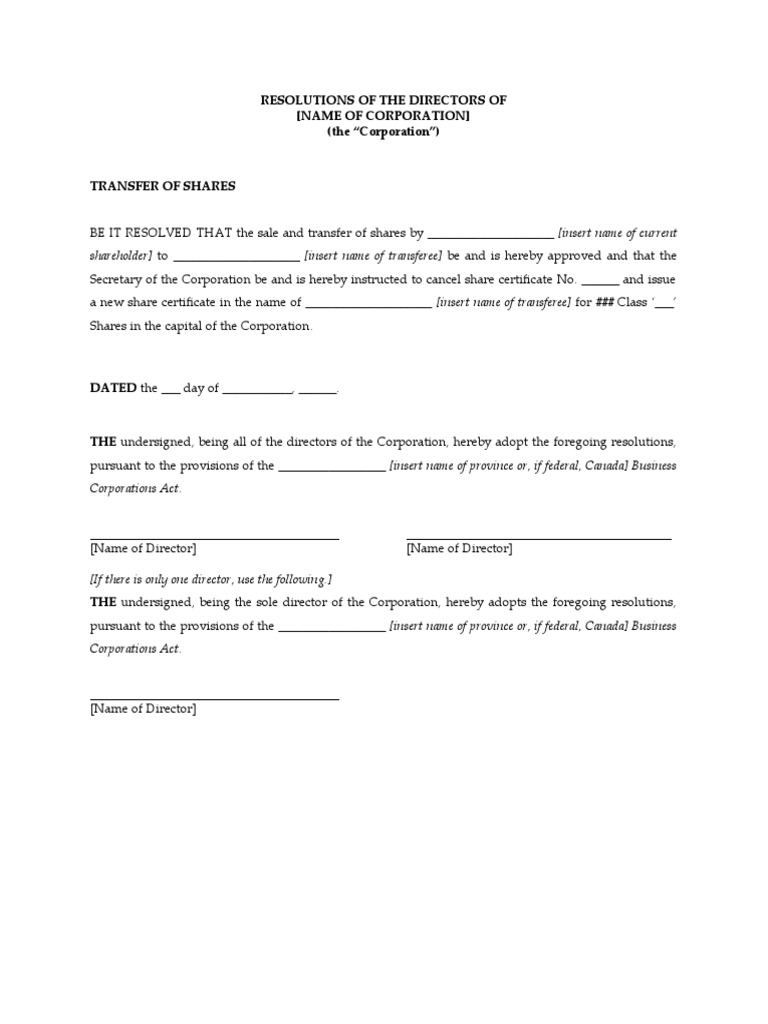 Shareholder) To - (Insert Name of Transferee) Be and Is Hereby Approved ...