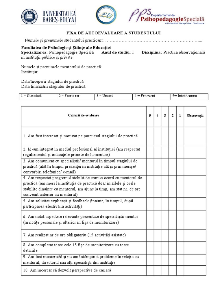Fisa Autoevaluare Student | PDF
