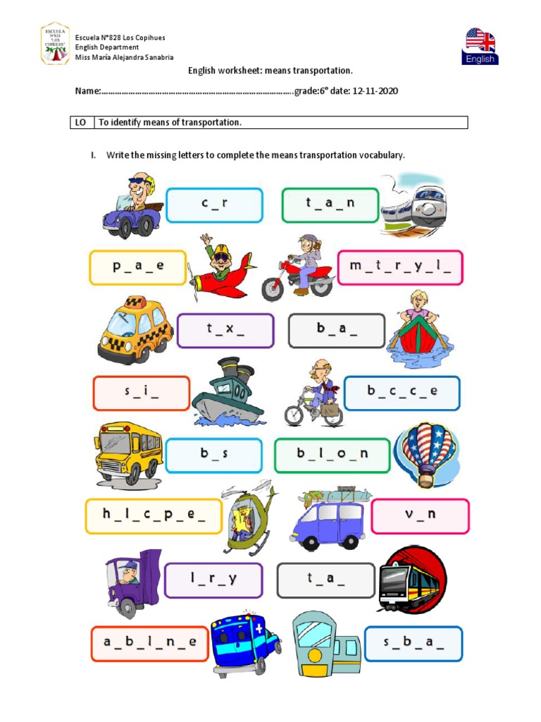 Transportation Vocabulary Worksheet | PDF