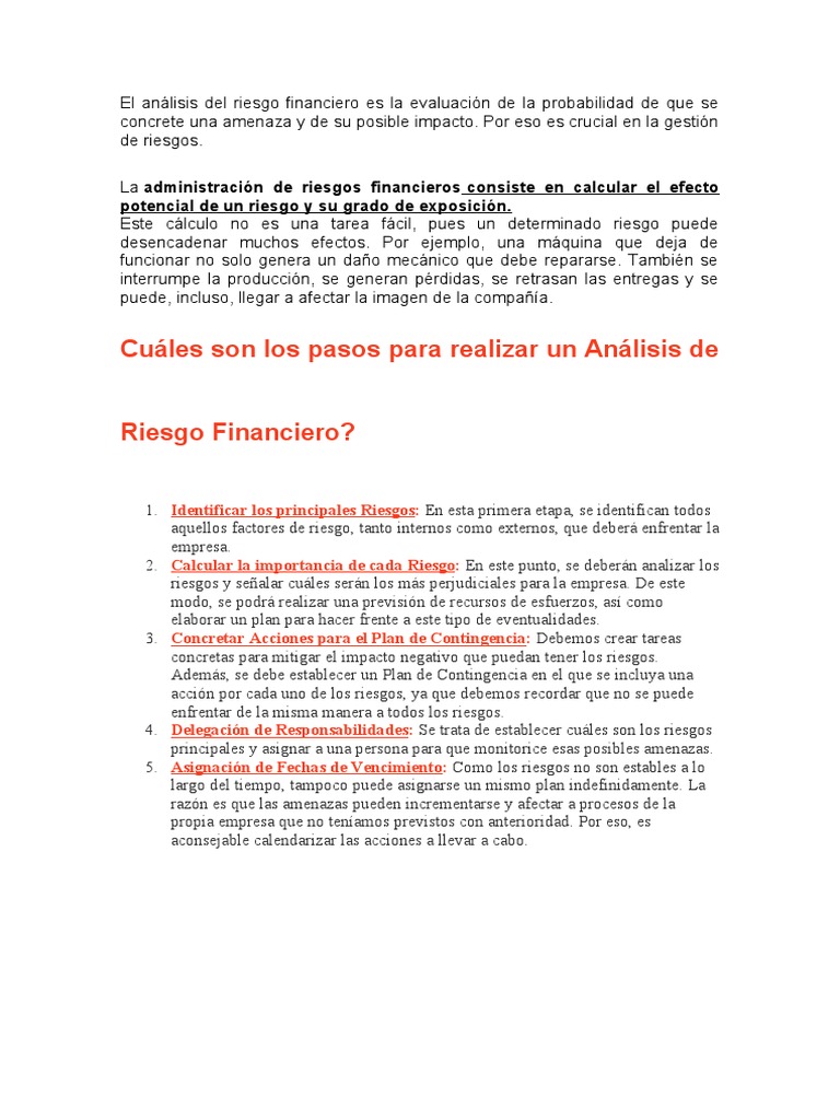 El Análisis Del Riesgo Financiero Es La Evaluación De La Probabilidad