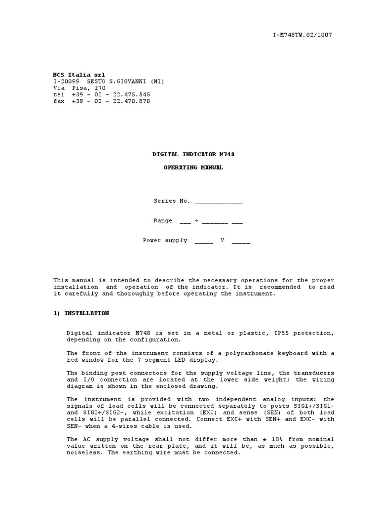 BCS M748 Digital Indicator Manual | PDF | Bit | Relay