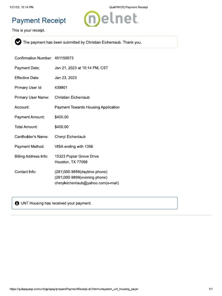 UNT Housing Reg Fee Reciept PDF