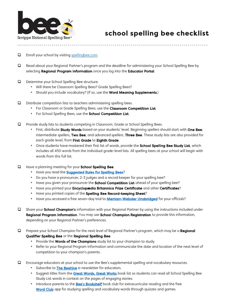 School Spelling Bee Checklist PDF Spelling Learning