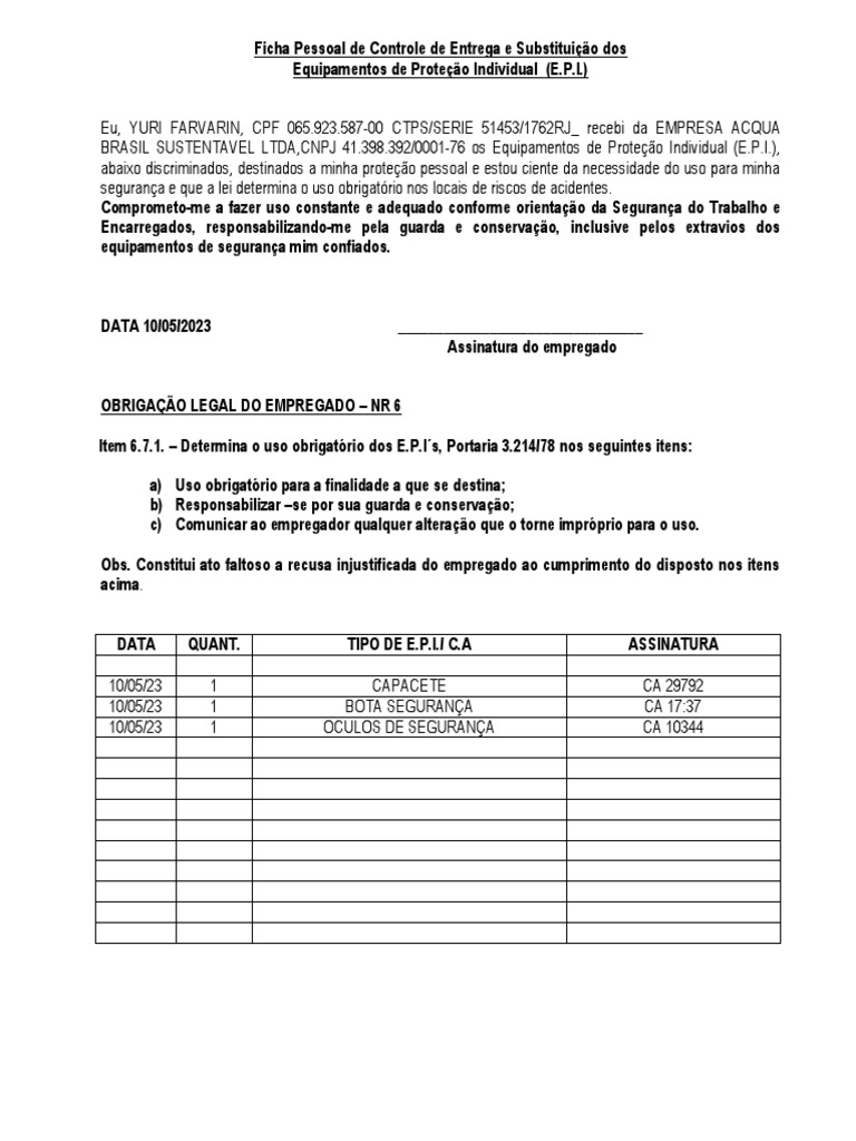Recibo entrega epi yuri pdf