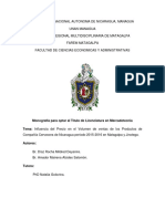 Monografía para Optar Al Título de Licenciatura en Mercadotecnia Tema: Influencia Del Precio en El Volumen de Ventas de Los Productos de