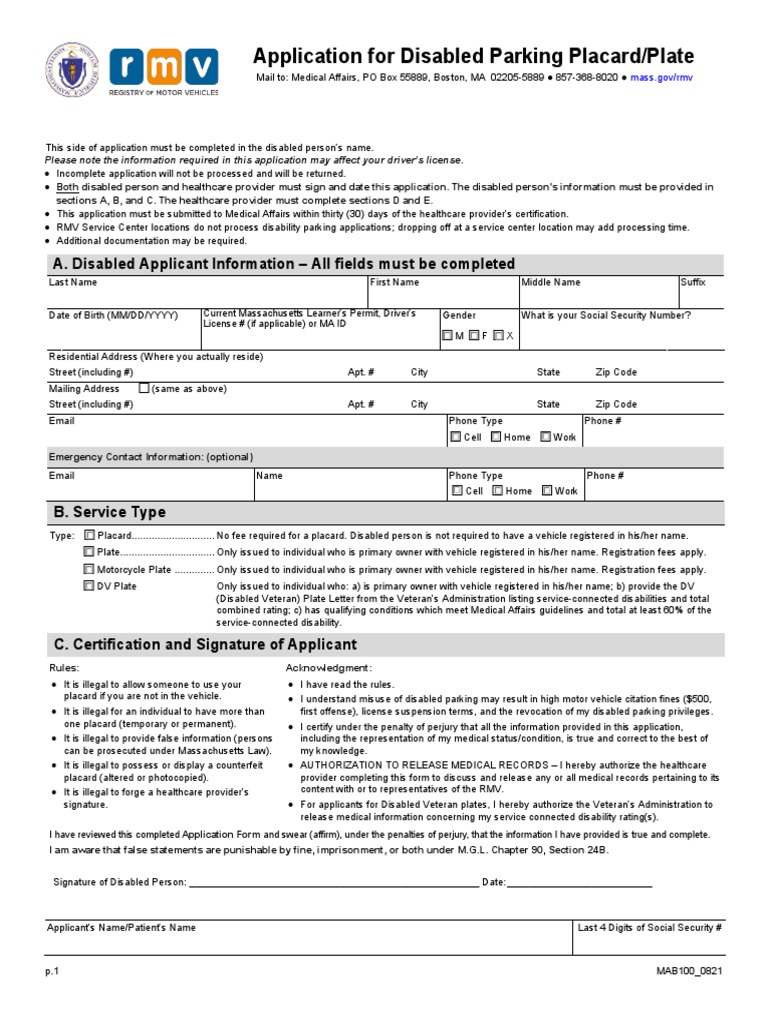 Application For Disabled Parking Placard - Plate | PDF | Public ...