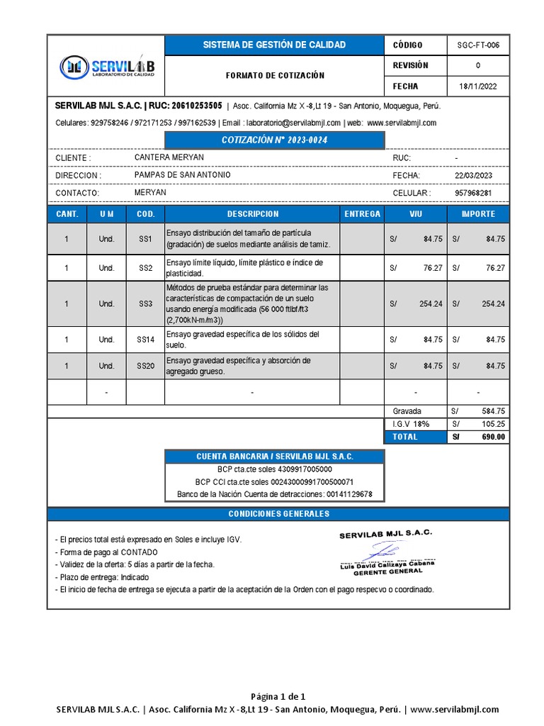 Cotizaci n De Ensayos De Suelos Servilab PDF