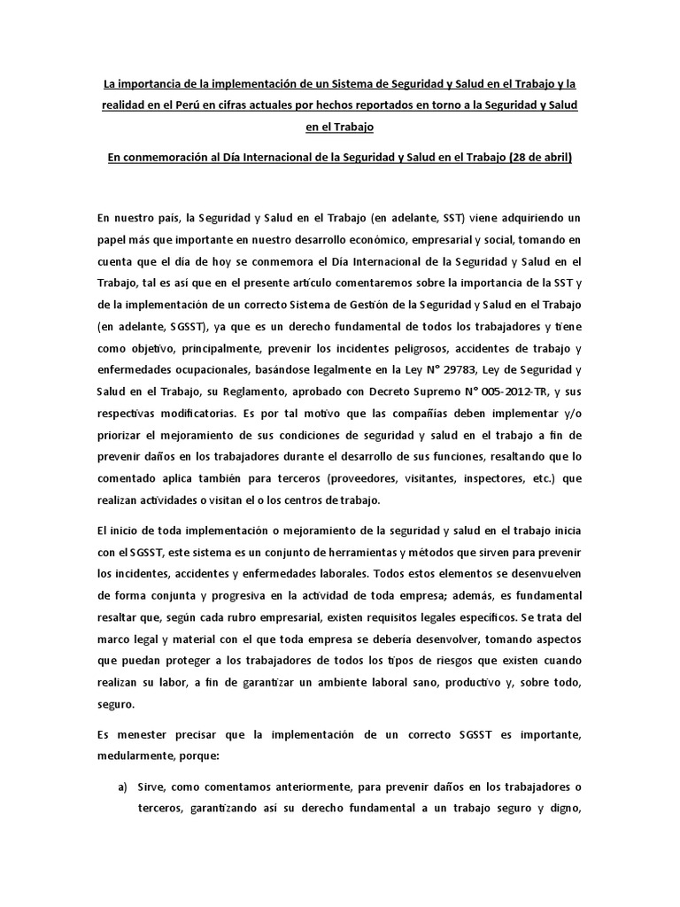 La Importancia de La Implementación de Un Sistema de Seguridad y Salud ...