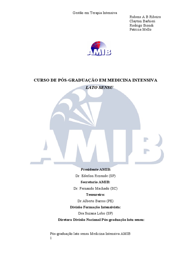 Gestão em Terapia Intensiva AMIB | PDF | Qualidade (negócios) | Unidade ...