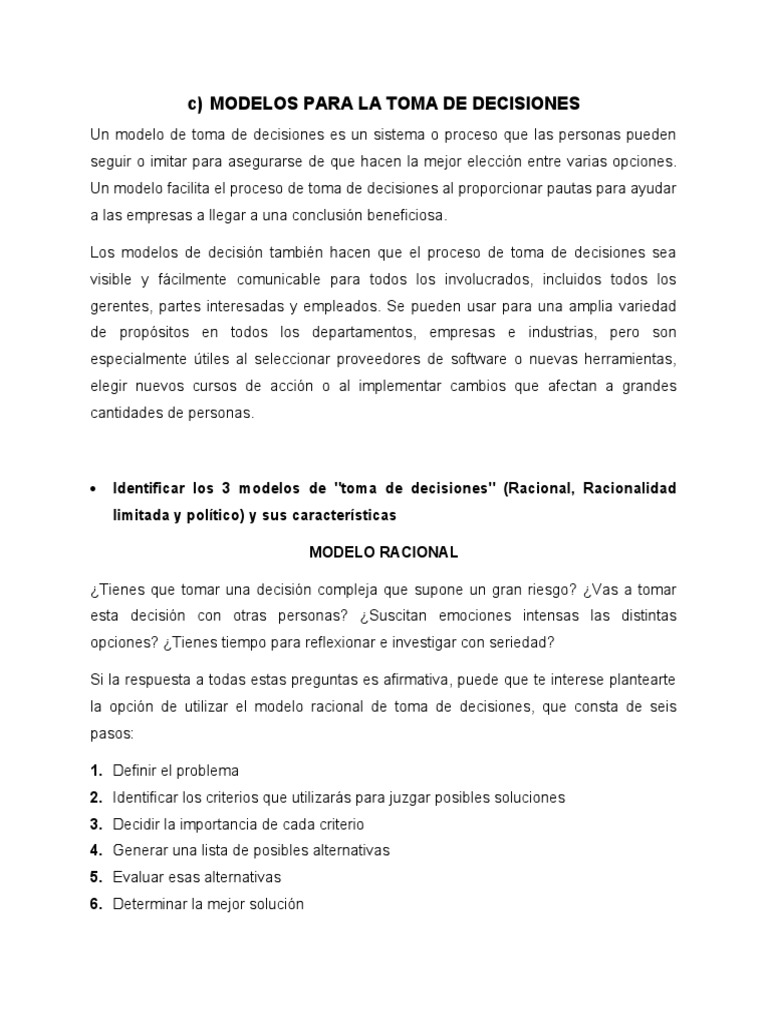Modelos de Toma de Decisiones Racionales | PDF | Toma de decisiones ...