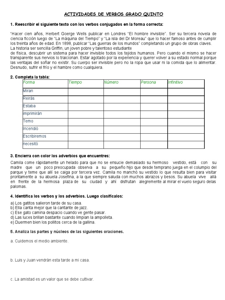 Actividades de Verbos para Quinto Grado | PDF | Libros para ...