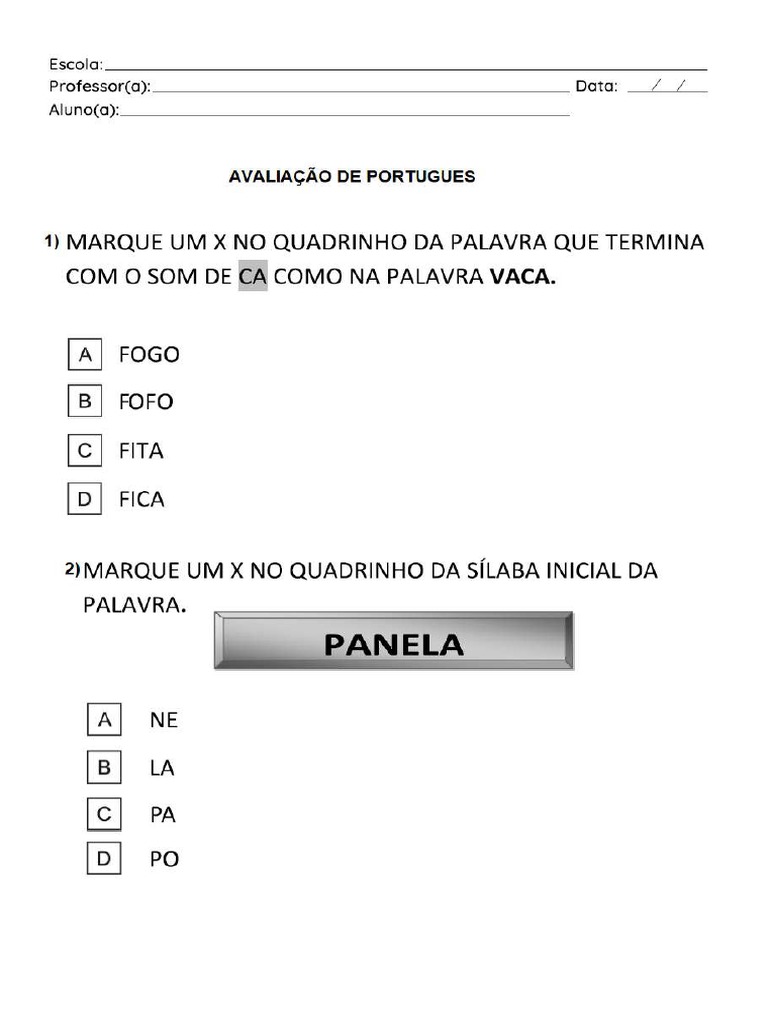 Avaliação de Portugues 1 Ano | PDF