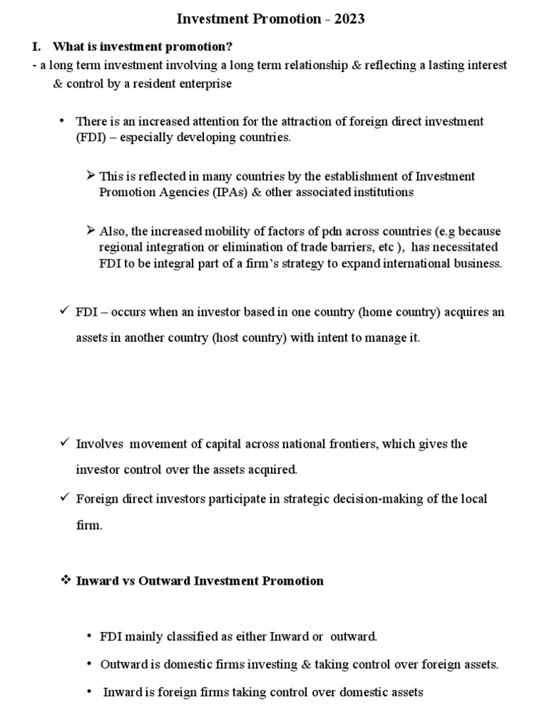 Investment Promotion ppt.MARCH 2023 PDF Foreign Direct Investment