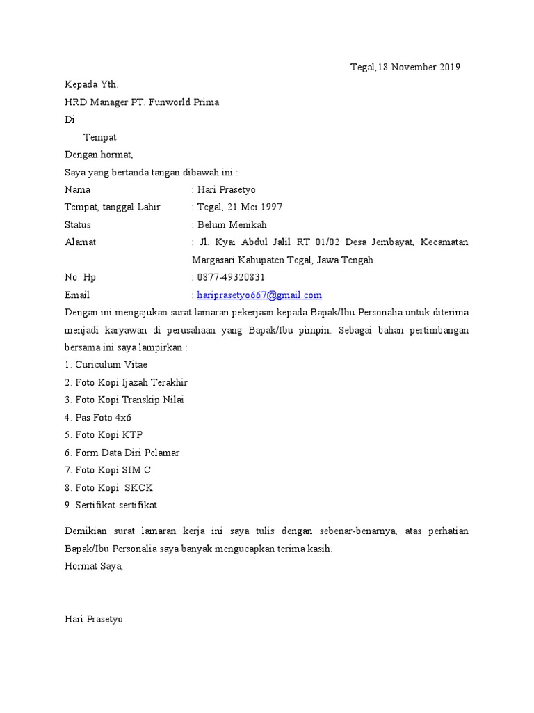 Surat Lamaran Kerja PT Funworld | PDF