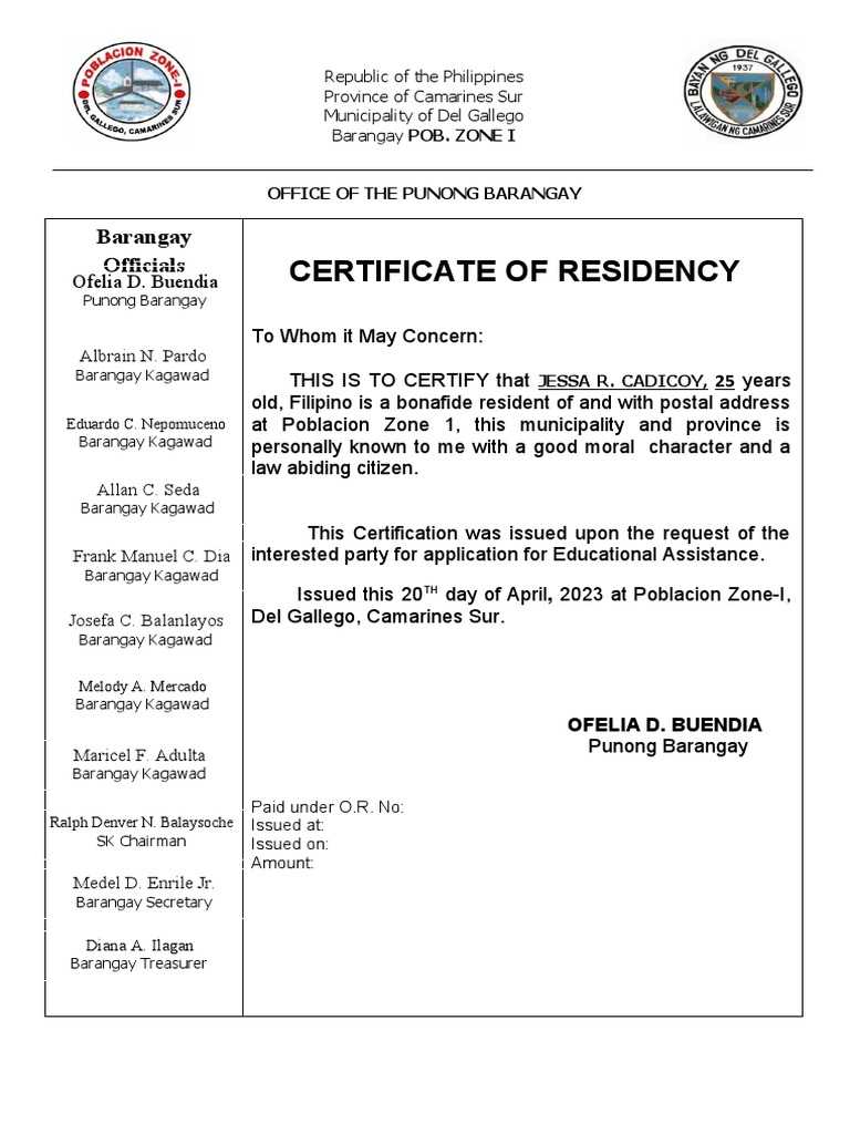 Certificate of Residency PDF Certificate of Residency PDF