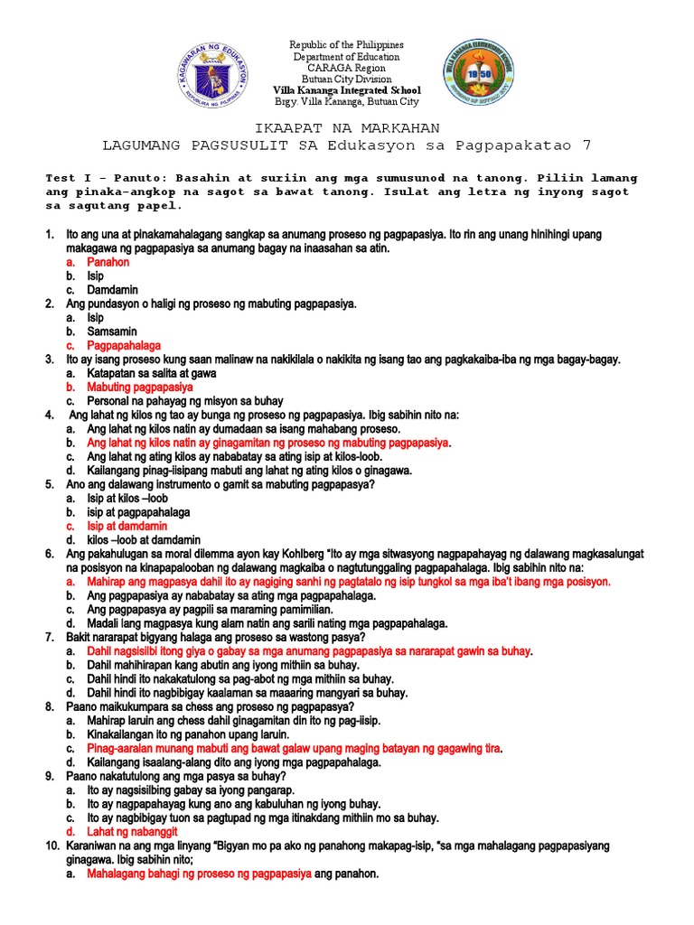 4th Quarter Summative Test ESP7 | PDF