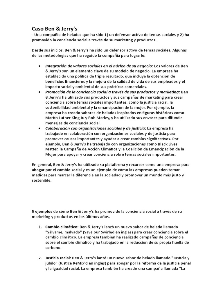 T01 Caso Ben Jerrys Pdf Marketing Sustentabilidad