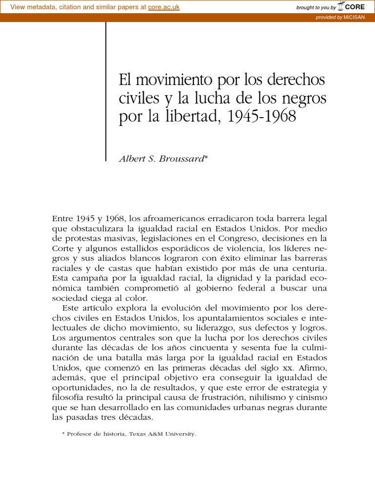 El Movimiento Por Los Derechos Civiles y La Lucha de Los Negros Por La ...