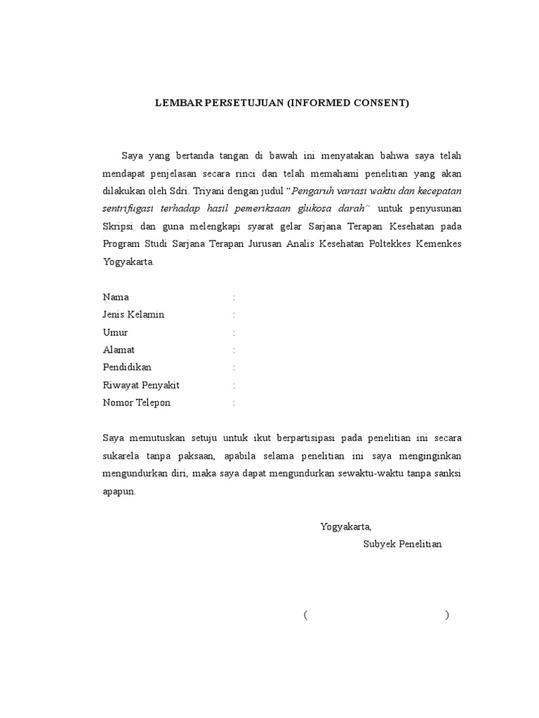 Lembar Persetujuan Informed Consent Penelitian | PDF