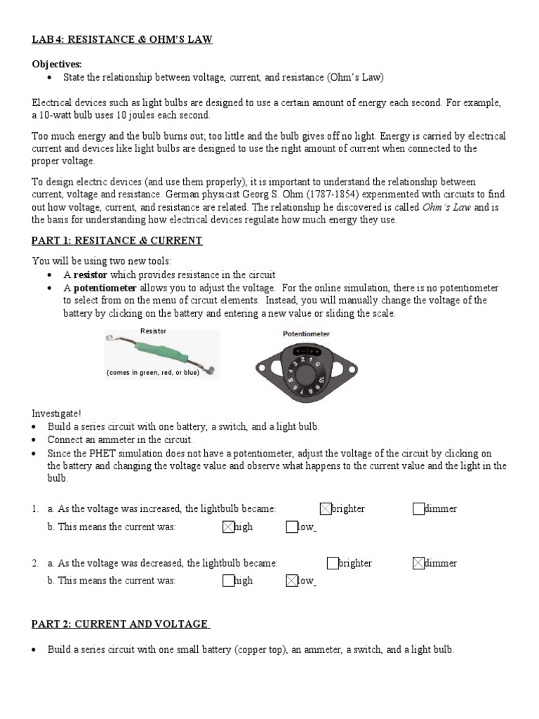 Lab 4_Restistance & Ohm's Law_PHET1 PDF Electrical Resistance And