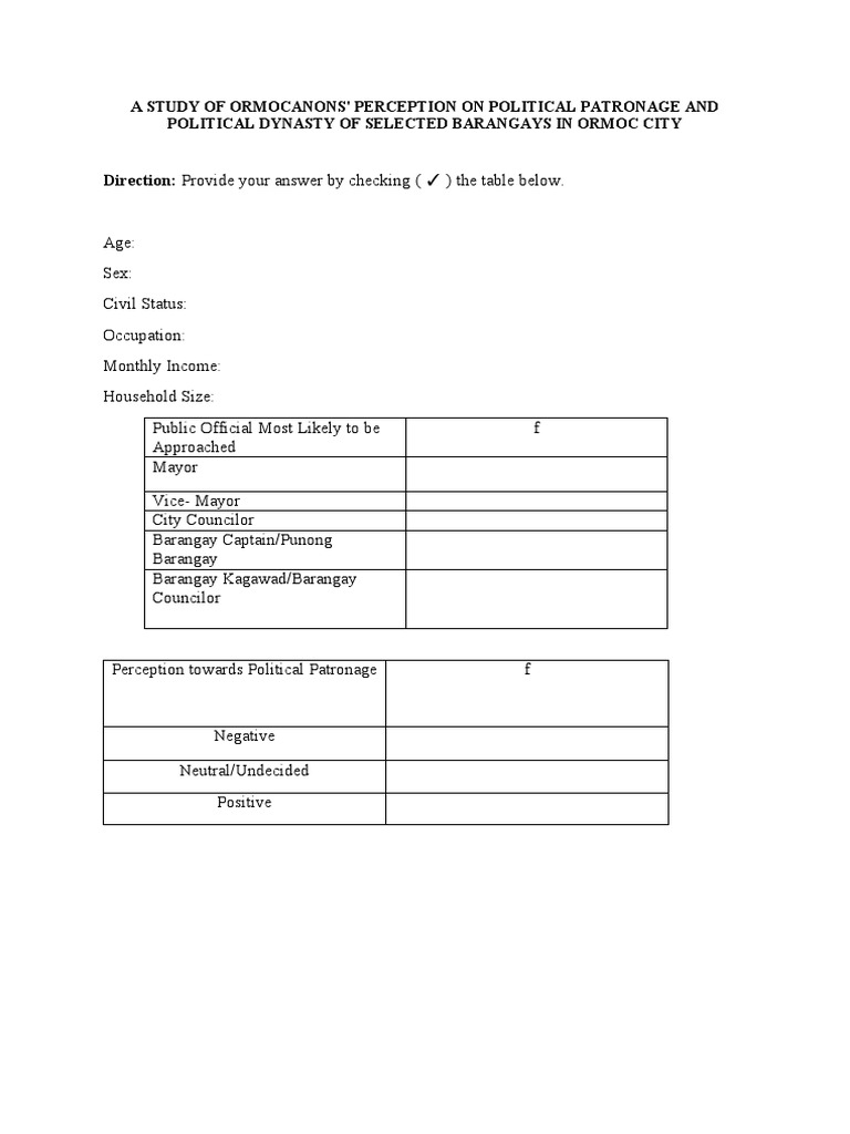 Survey Questionnaire - Political Patronage | PDF | Political Events ...