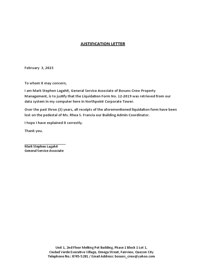 Justification Letter for Liquidation Form | PDF
