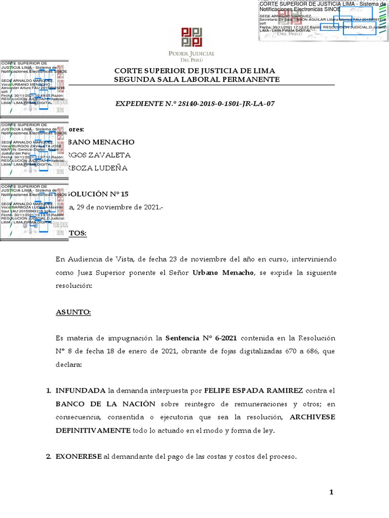 Sentencia de Vista 2da Sala Infundada 65.84 EXP. 28140-2018 | PDF