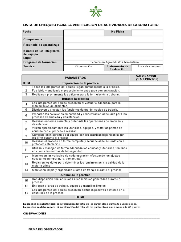 Lista de Chequeo para Prácticas de Laboratorio | PDF | Evaluación