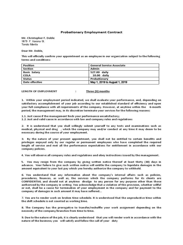 Probationary Employment Contract Bosuns Pdf Employment Business Law