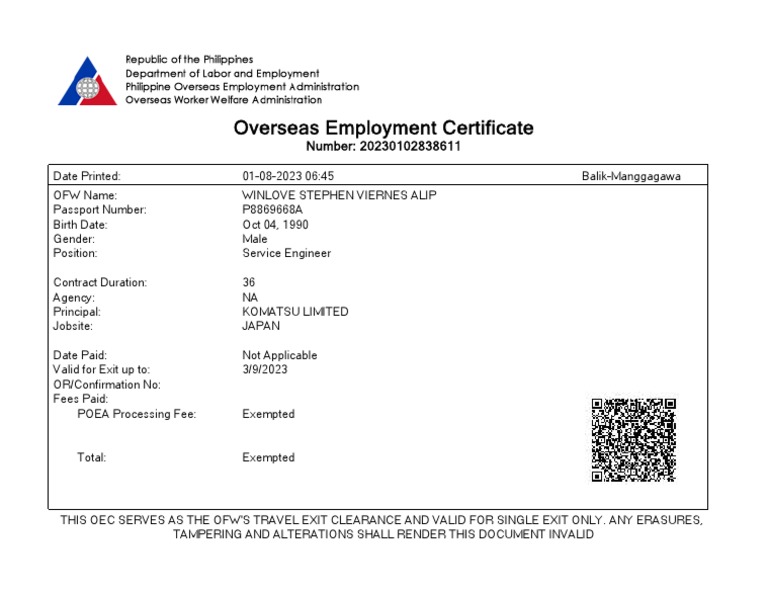 Overseas Employment Certificate Sample | PDF