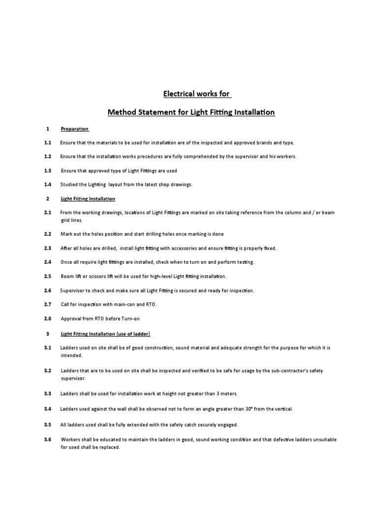 Method Statement for Light Fitting Installation | PDF