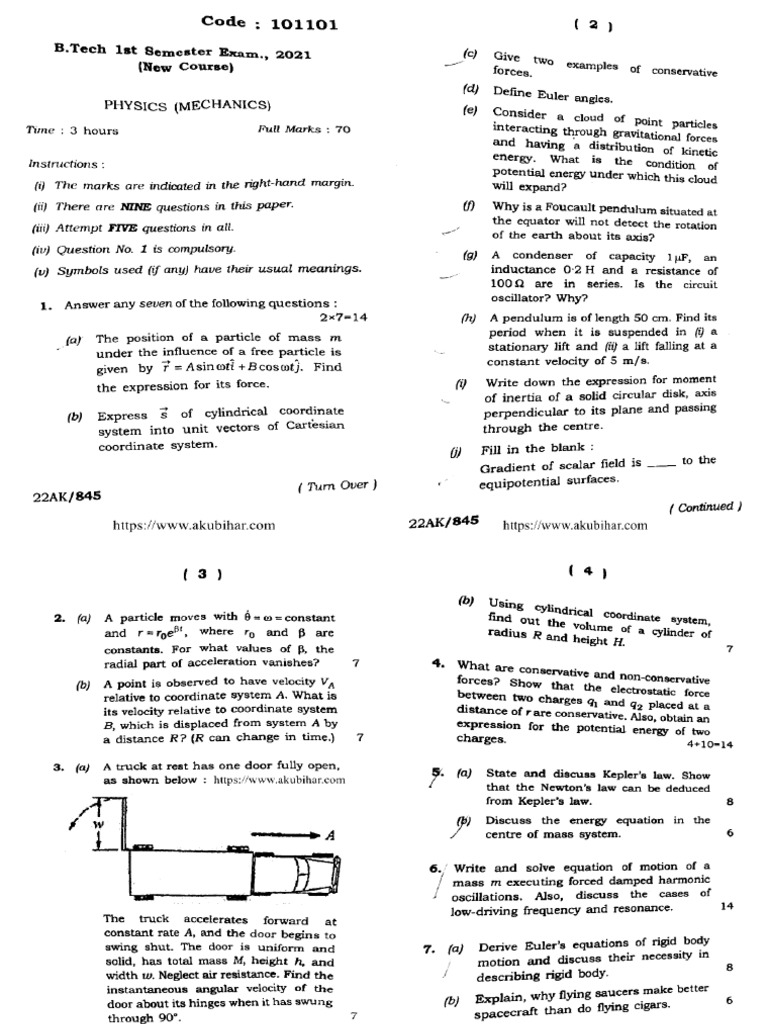 Btech 1 Sem Physics Mechanics 101101 2021 PDF | PDF