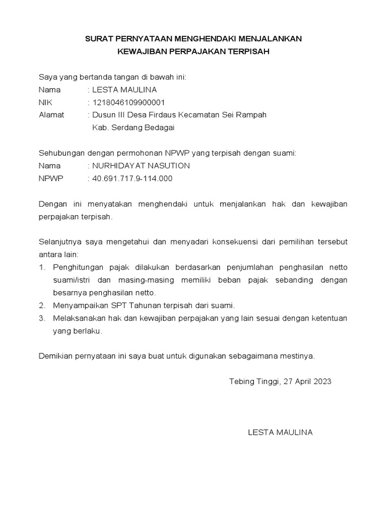 Surat Pernyataan Pajak Terpisah | PDF
