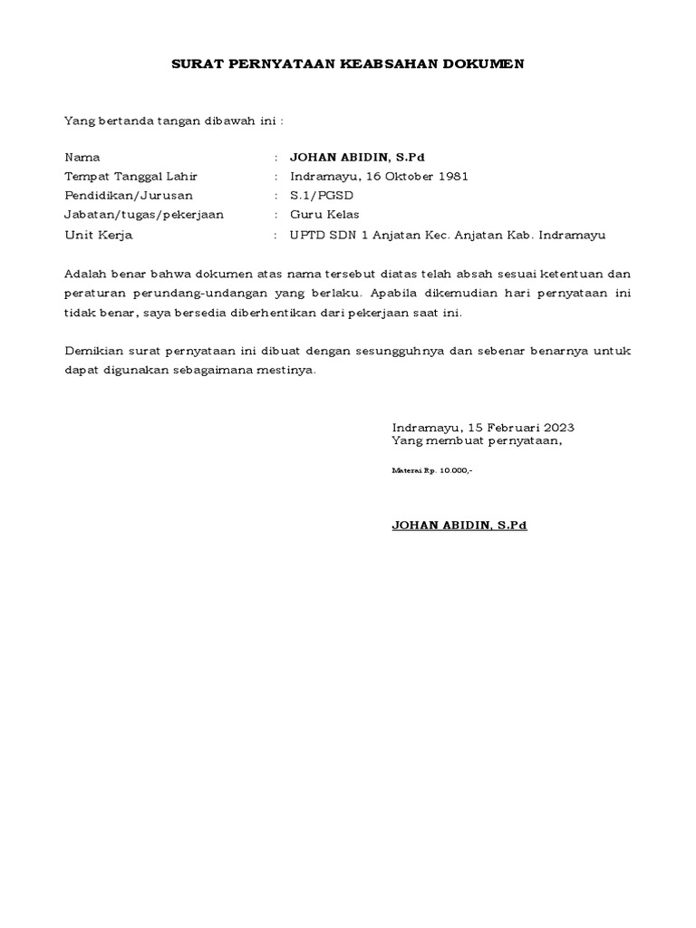CONTOH Surat Pernyataan Keabsahan Dokumen Johan Abidin | PDF