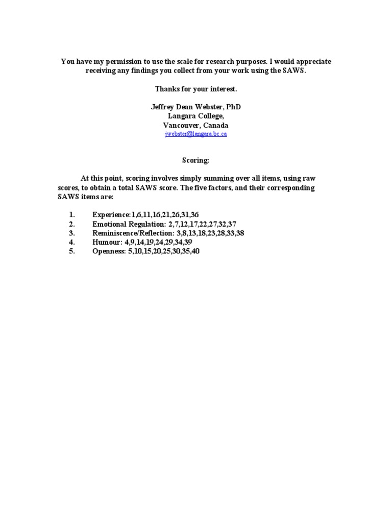 Request for permission to use the SelfAssessment of Wisdom Scale (SAWS