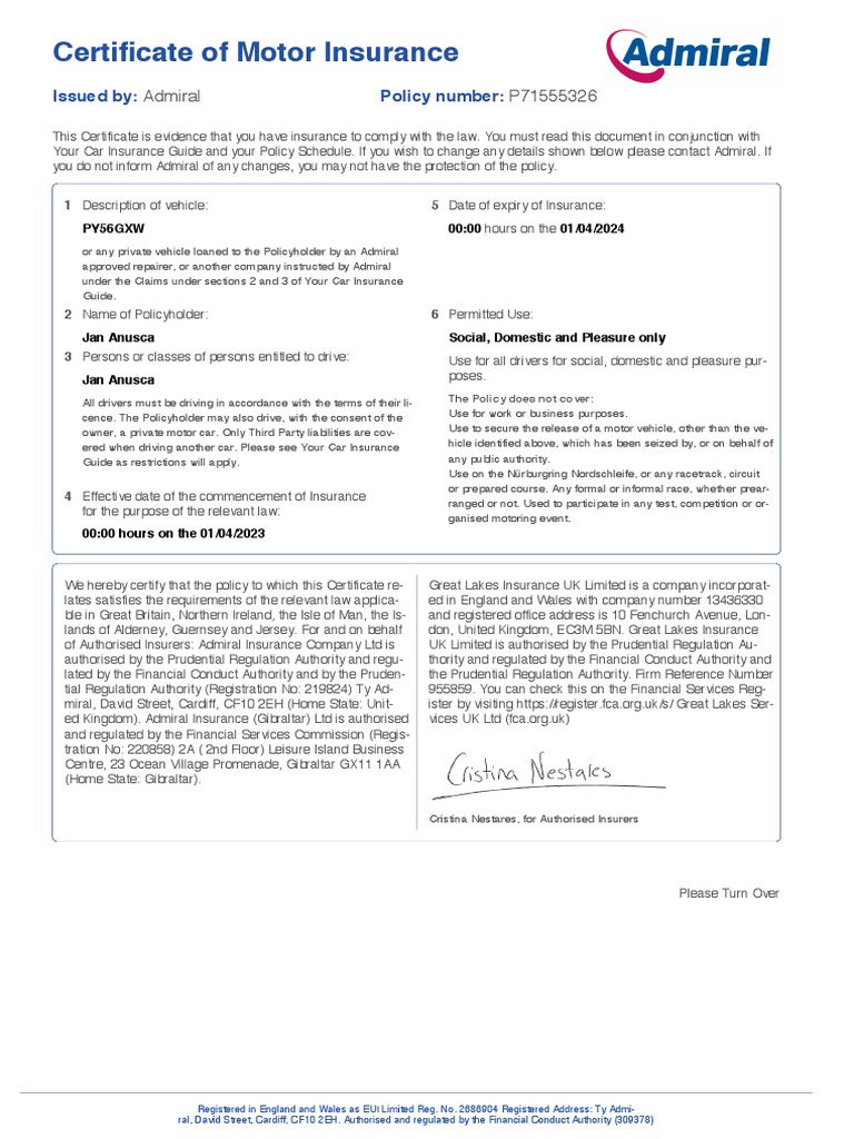 Admiral Motor Insurance Certificate | PDF | Vehicle Insurance | Insurance