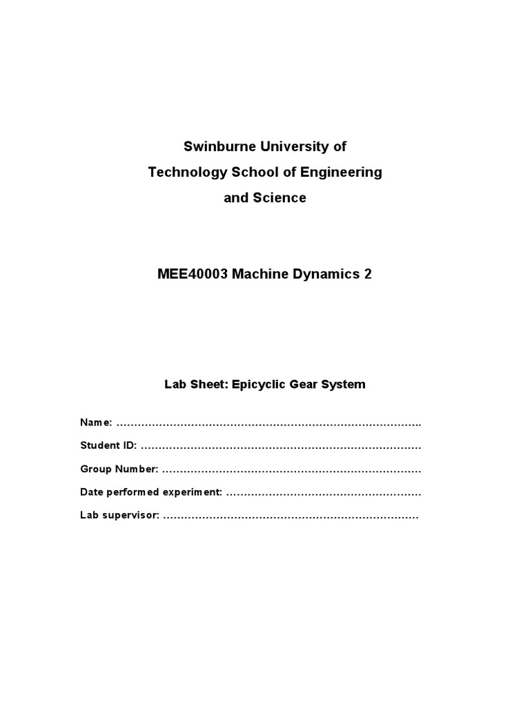 MEE40003 Prac 3 Epicyclic Gear System PDF