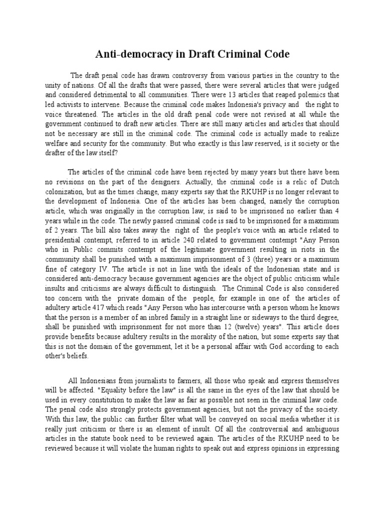 AntiDemocracy in Draft Criminal Code PDF Adultery Contempt Of Court